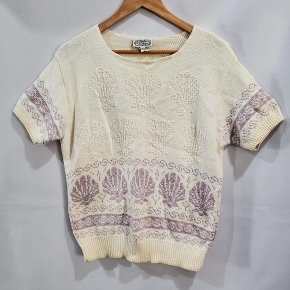 Vintage 80's The Villager Knit Sea Shell Short Sleeve Sweater Blouse Size Medium - Picture 1 of 9